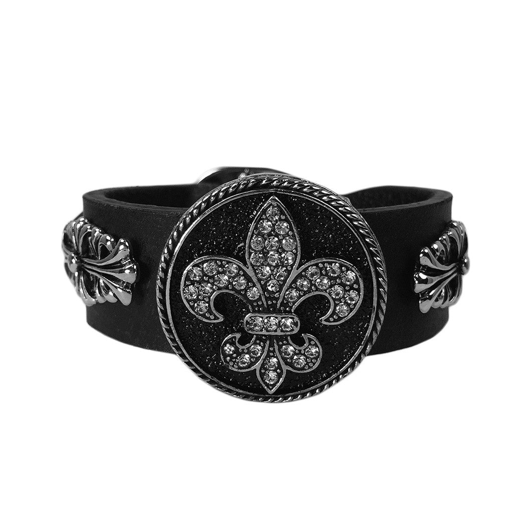 Fleur-De-Lis Crest Shield Leather Bracelet - Bon Flare Ltd.