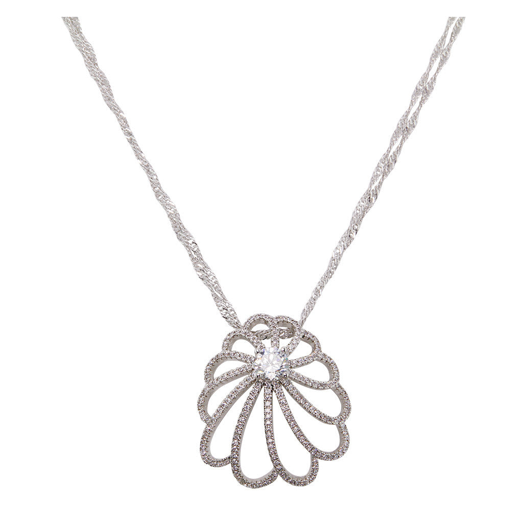 Flower With One Brilliant Cut Diamond Pendant With Long Double Chain - Bon Flare Ltd.