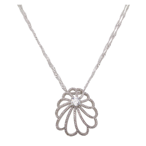 Flower With One Brilliant Cut Diamond Pendant With Long Double Chain